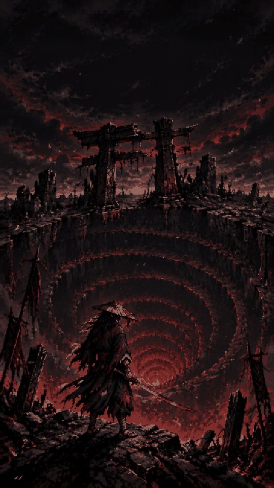 Unredeemed title screen: the Ronin above the pit
